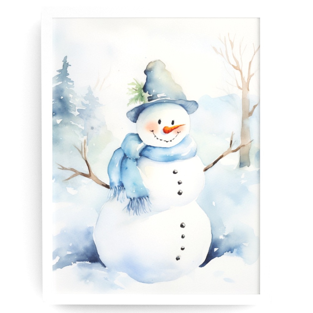 Watercolor Snowman Christmas Theme Wall Art Illustration Print Unframed